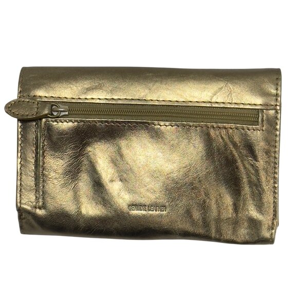 Kate Landry Genuine Leather Metallic Gold Wallet Multiple Card Slots Zipper Pock - Picture 2 of 8